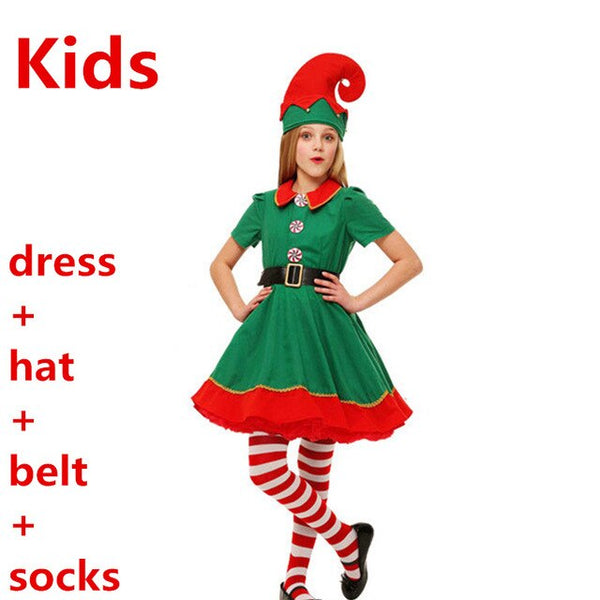 New Year Christmas Santa Claus Cosplay Costumes Green Elf Dress Hats Belt Kids Adults Family Costume Men Carnival Party Supplies