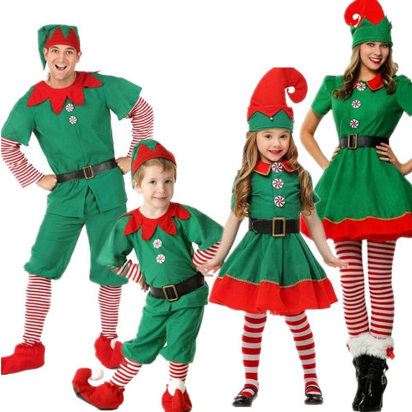 New Year Christmas Santa Claus Cosplay Costumes Green Elf Dress Hats Belt Kids Adults Family Costume Men Carnival Party Supplies