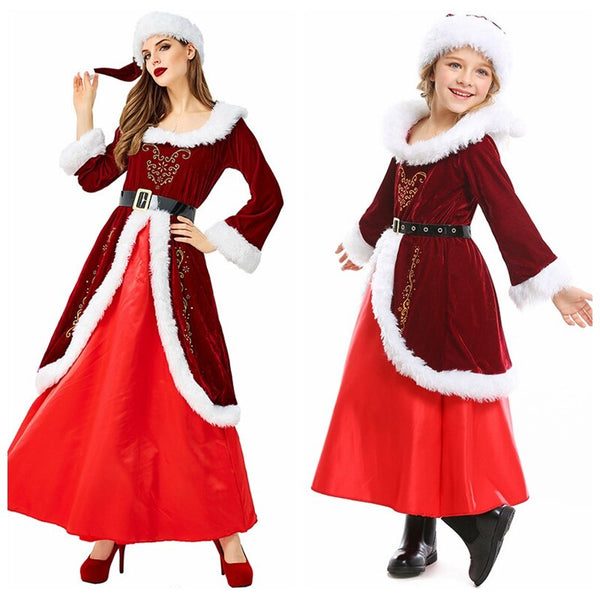 Red Christmas Cosplay Costumes Xmas Eve Costume Party Long Sleeve Family Group Role Play Carnival Festival Disfraz for Kid Woman