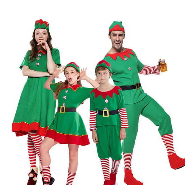 2019 Women Men Boy Girl Christmas Santa Claus Costume Kids Adults Four Family Green Elf Cosplay Costumes Carnival Party Set