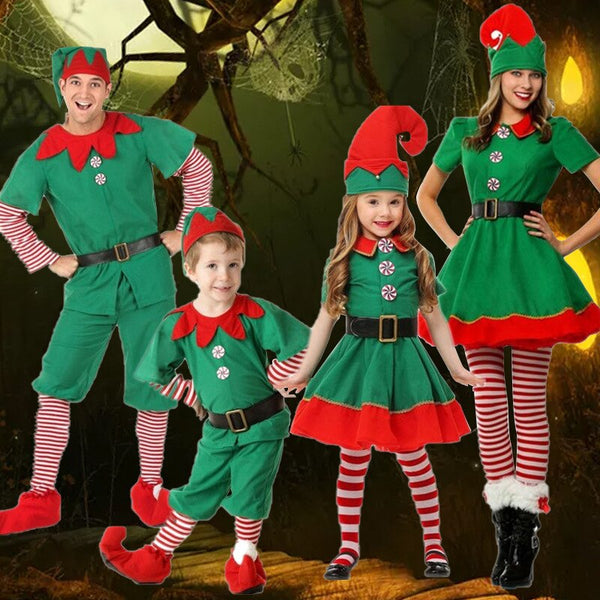 2019 Women Men Boy Girl Christmas Santa Claus Costume Kids Adults Family Green Elf Cosplay Costumes Carnival Party Supplies