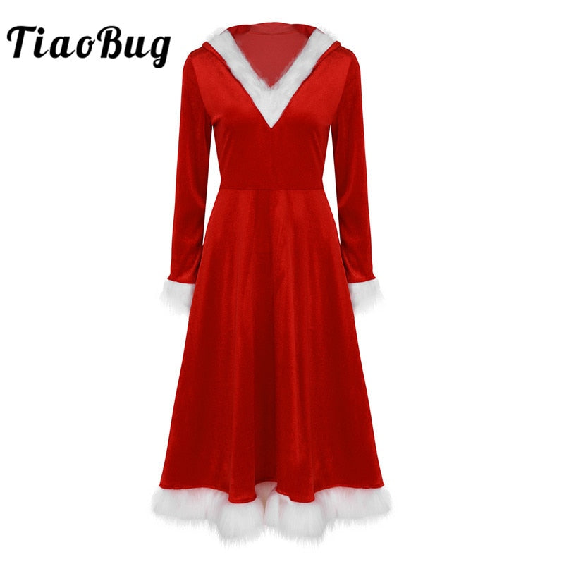 TiaoBug Women Red Christmas Costume Female Soft Velvet Long Sleeve Hooded Dress Xmas Holiday Santa Family Cosplay Party Dress