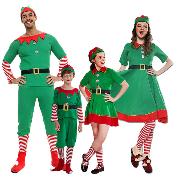 Classic Christmas Elf Cosplay For Children Christmas Spirit Costume Adult Women Santa Claus Dress Kids Xmas Hat Family Outfit