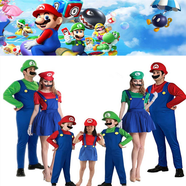 Adult Kid Super Mario Cosplay Children Anime Family Funy Luigi Bros Plumber Purim Costume Fancy Dress Christmas Party Costumes