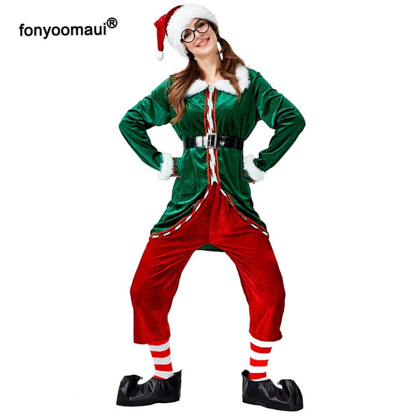 Adult Couples Family Mr & Mrs Christmas Santa Elf Costume 6 Pcs Suit New Year X-Mas Fleece Clothes For Men & Women Plus Size