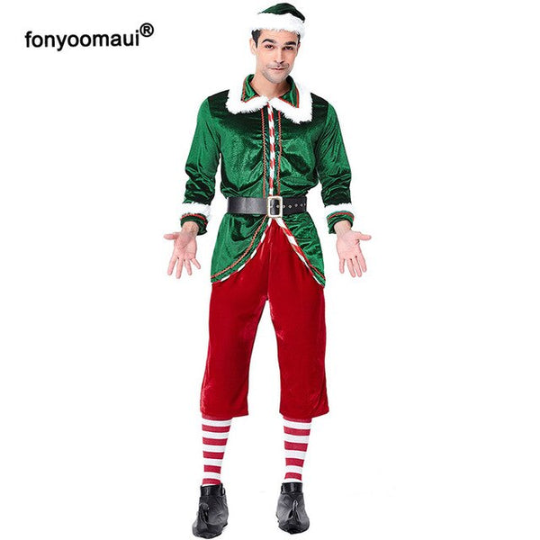 Adult Couples Family Mr & Mrs Christmas Santa Elf Costume 6 Pcs Suit New Year X-Mas Fleece Clothes For Men & Women Plus Size