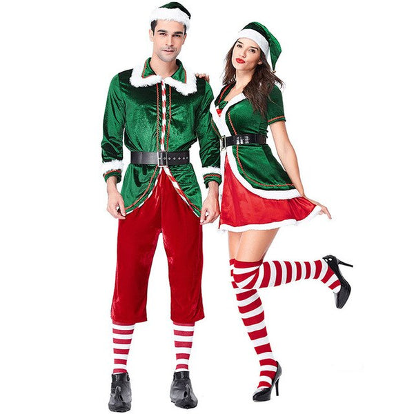 Adult Couples Family Mr & Mrs Santa Elf Helpers Costume Christmas New Year's Fleece Clothes For Men & Women Plus Size Green/Red