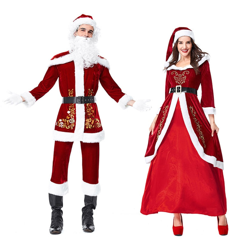 Adult Couples Family Mr & Mrs Santa Costume Christmas New Year Long Sleeve Christmas Princess Queen Costumes for women