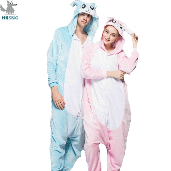 HKSNG Pink Blue Bunny Rabbit Kigurumi Winter Adult Animal Cartoon Cute Christmas Pajamas Family Onesies Cosplay Costumes Pyjamas