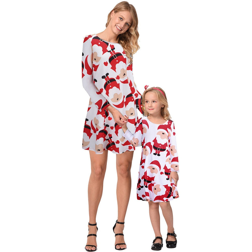 Mother & Daughter Christmas Party Dress Family Christmas Pajamas Women Girls Snowman Print Dresses Mommy And Me Clothes