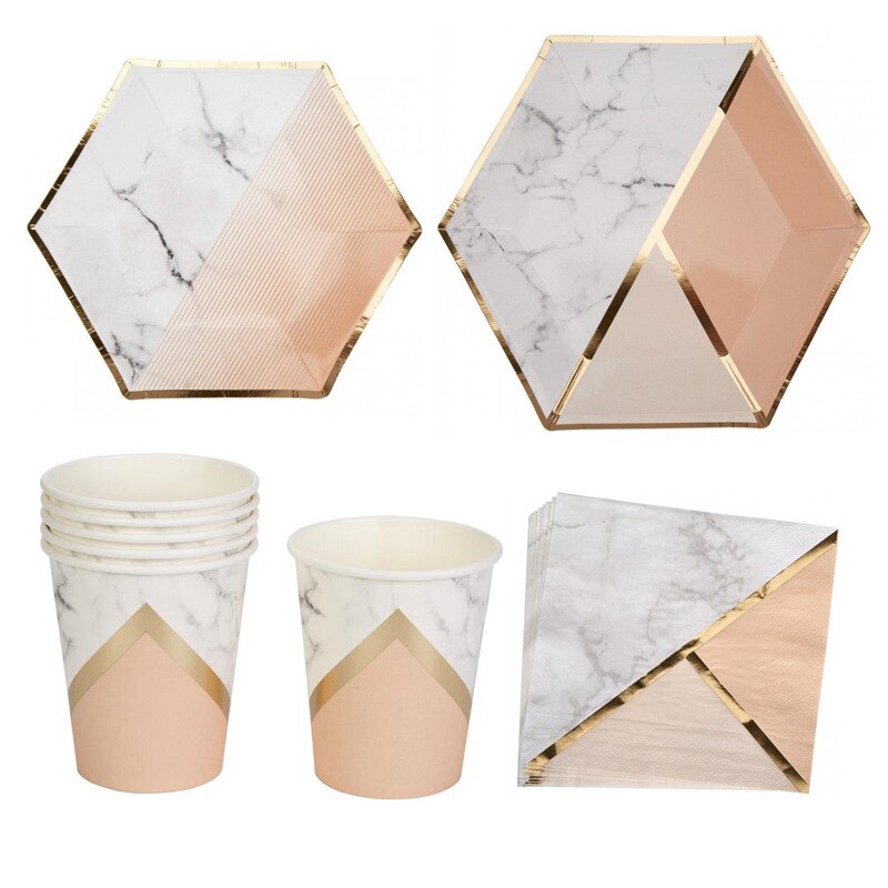 16SET Gold Pink Mint Green Marble Disposable Tableware Paper Plates Cups Party Napkins for Dinner Cake Wedding Party Supplies